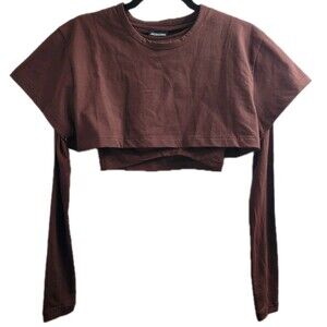 Jacquemus Le Double T-Shirt Brown Layered Crop Top Long Sleeve Designer Sz S NWT